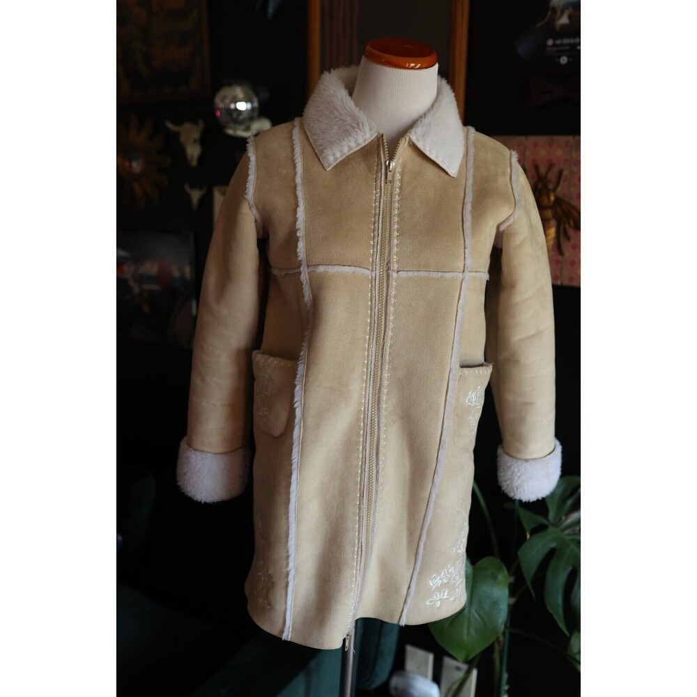 Vintage Y2K 90s Embroidered Penny Lane Faux Sherpa Fur Long Western Coat KIDS